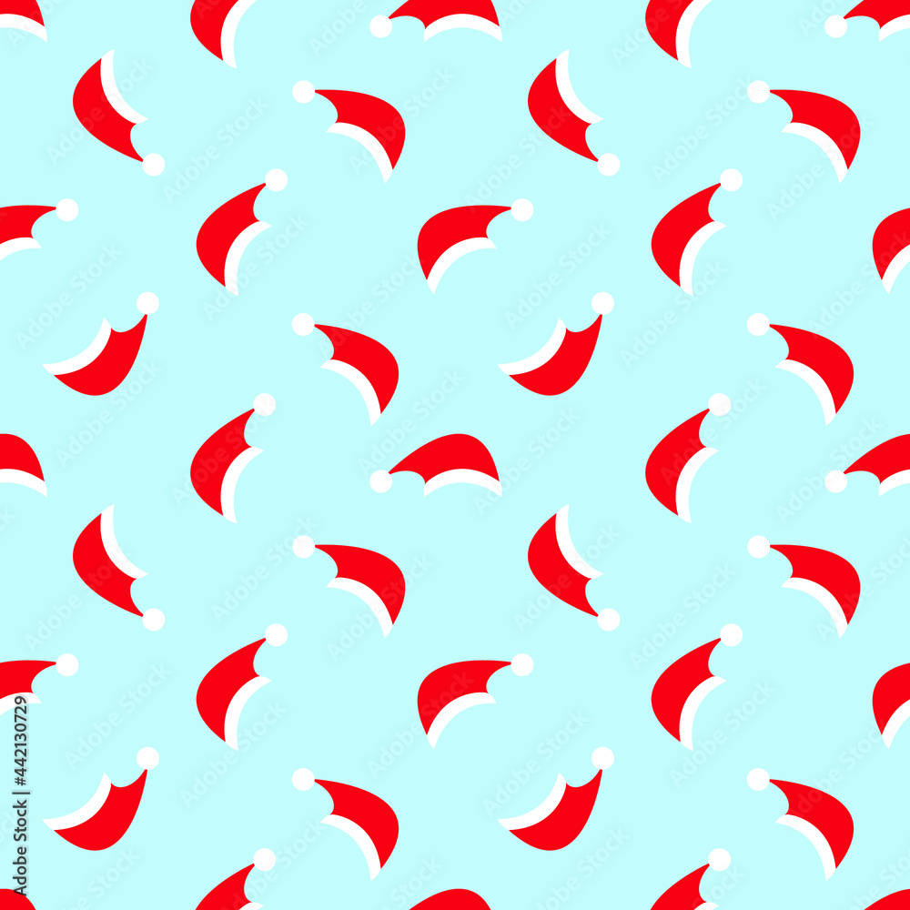 Fototapeta premium Christmas Santa Claus hats seamless pattern. Merry Christmas or Happy New year vector may be used for wallpaper, wrapping paper, cover, decoration, fabric, textile.