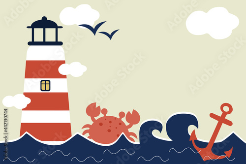 Vector illustration of a lighthouse. Summer background desing with cute lighthouse, crab, achor and clouds for social media header, web banner, wallpaper photo