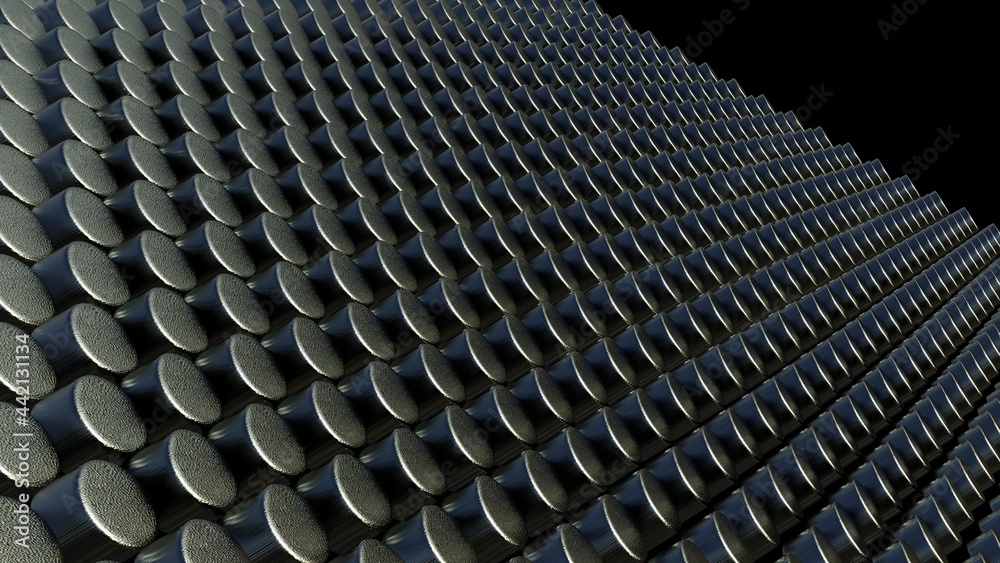 Array of metal cylindrical bodies on a black background. Array of metal cylindrical bodies on a black background.