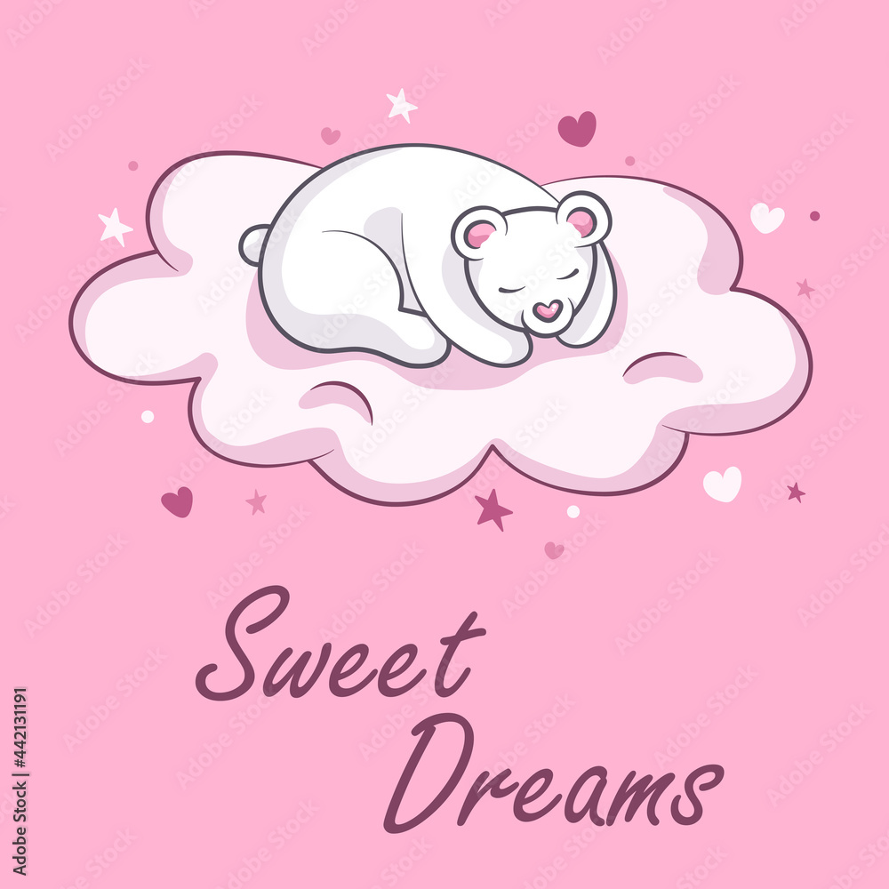 Sweet Dreams. Cute little bear. Baby bear sleeping on the cloud. Hand drawn vector illustration of a cute bear sleeping on the cloud.