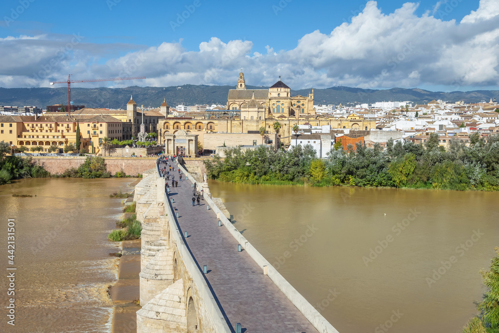 Cordoba, Spain. Aerial view of Puente Romano bridge and Mosque-Cathedral