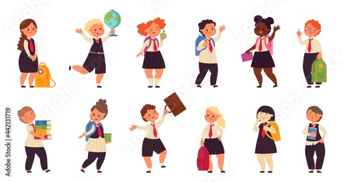 School student characters. Schoolboys friends, kids with backpack. Isolated autumn children education, pupil holding books decent vector set