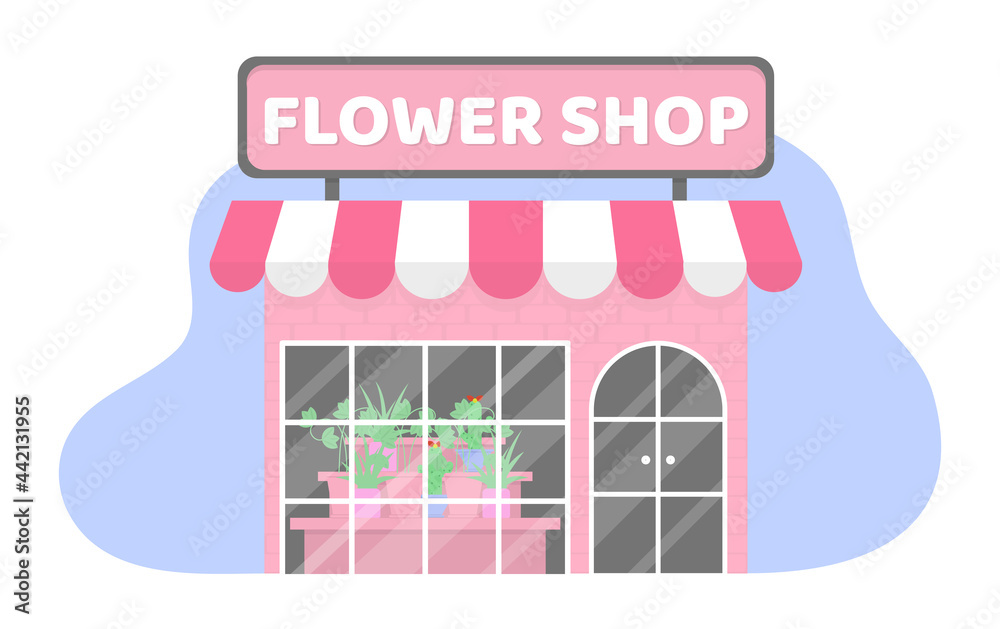 Flat pink flower shop. Building with panoramic windows and a door. Illustration