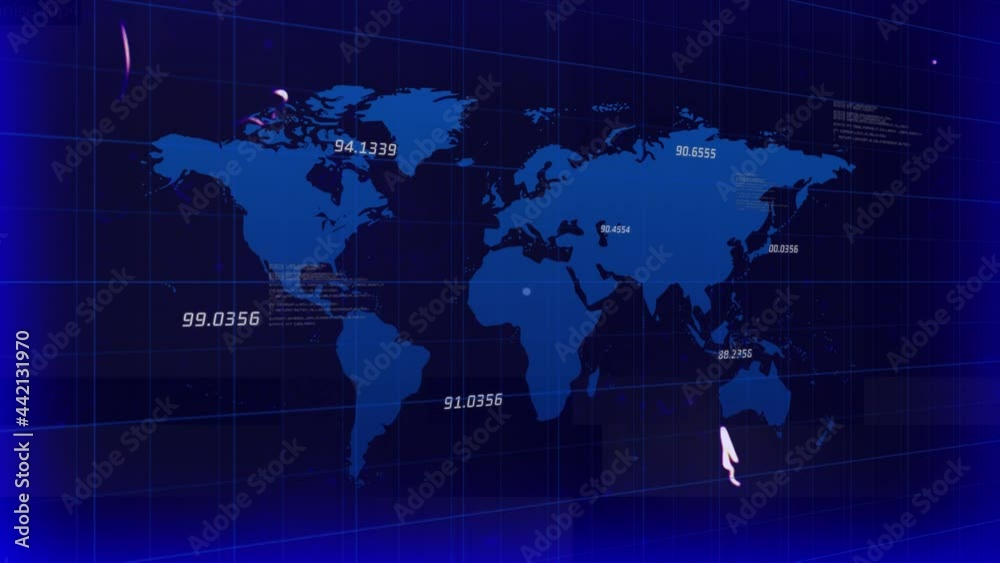 Animation of numbers changing over blue world map background Animation of numbers changing over blue world map background