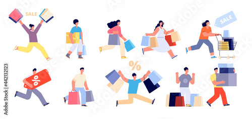 Happy people on sale. Shopping man, shop woman consumer. Person with cart, girl walk clothes shops. Isolated shoppers holding bag utter vector set