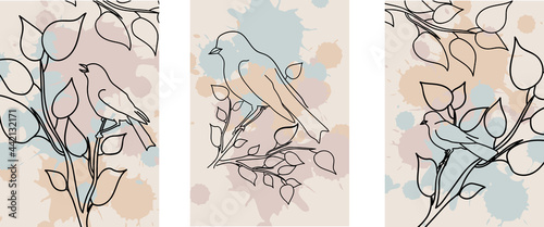 Collection of artistic modern minimalistic illustrations: abstraction with birds on branches with leaves with blots (spots) in the background