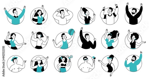 People in round avatars. Friend portraits, avatar business employees conversation. Isolated summer hipster, men woman face decent vector set