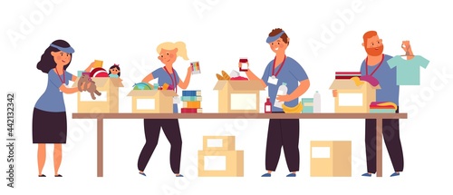 Donation boxes. Food help, volunteers shelter services. People donate products, toys, medications. Migration aid charity decent vector flat concept