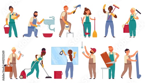 Cartoon repairman characters. Home workers, construction builder painter with equipment. Cleaning and house renovation team decent vector set