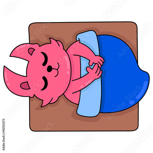 Fox cat is sleeping soundly on a comfortable mattress and blanket, doodle icon image kawaii