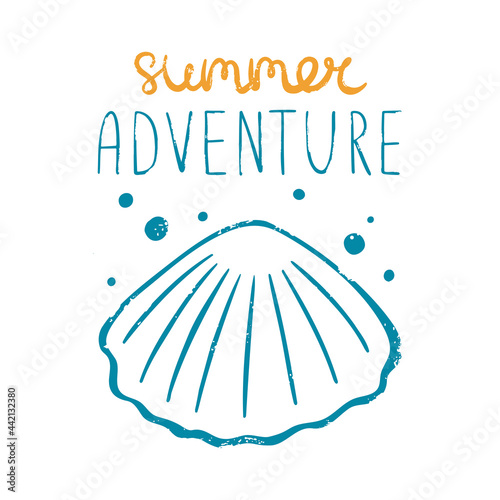 Textured blue pearl shell and lettering "summer adventure". Grange sea print. For decoration, design or tattoo. Vector shabby hand drawn illustration