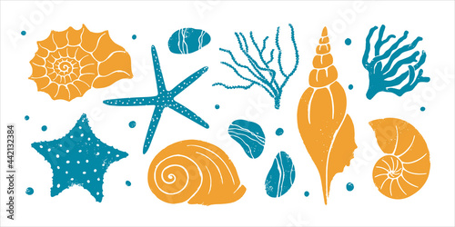 Textured underwater world set. Seashells, starfish, algae, corals and beach pebbles. Vector shabby hand drawn illustration