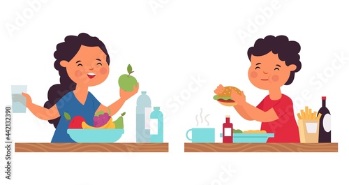 Boy girl eating. Person eat, healthy breakfast. Cartoon kids on lunch or dinner. Child with fruits and fast food, baby drink water decent vector concept