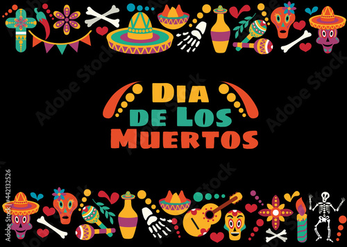 Vector Dia de Los Muertos. Set for the celebration of the day of the dead. Decorated skulls  flowers  skeleton  cactus  sambrero  tequila  guitar. Vector illustration background. Halloween.