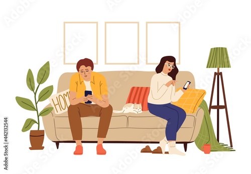 Gadget addiction. Couple using smartphones, woman man cat sitting on sofa in cozy room and surfing internet. No contact in family, communication problems vector concept