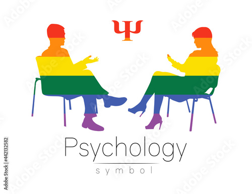 The psychologist and the client. Psychotherapy. Psycho therapeutic session. Psychological counseling. Man woman talking while sitting. Silhouette Rainbow color profile. Modern symbol logo Concept lgbt