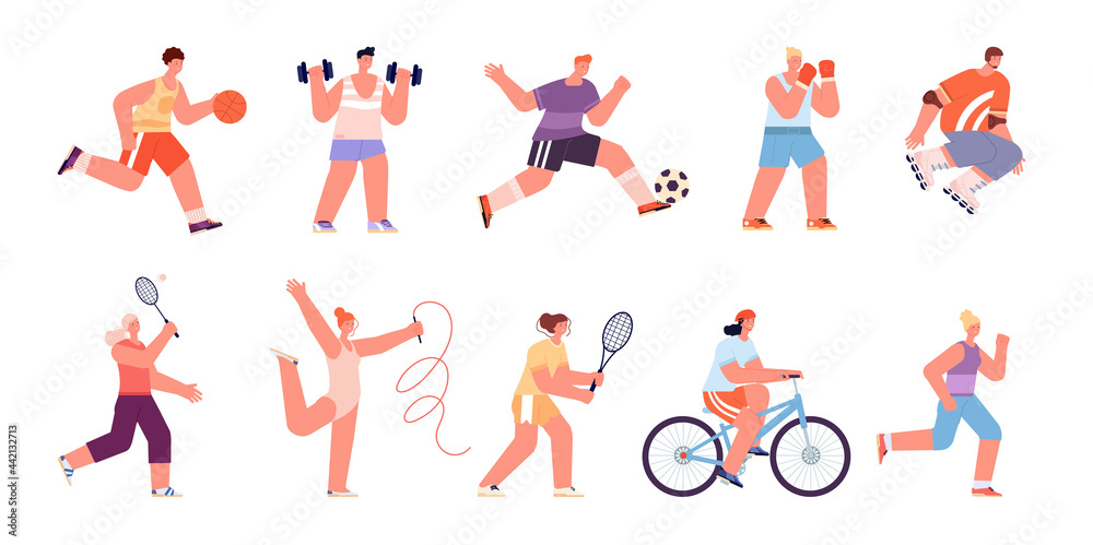 Sport people characters. Healthy women running, professional athlete. Person playing soccer, isolated sporting woman. Runner tennis player utter vector set