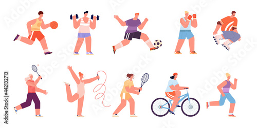 Sport people characters. Healthy women running  professional athlete. Person playing soccer  isolated sporting woman. Runner tennis player utter vector set