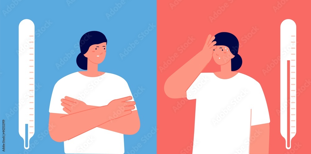 Hot or cold season. Temperature thermometer, degrees of weather. Winter summer seasons. Climate control, girl overheating utter vector concept Hot or cold season. Temperature thermometer, degrees of weather. Winter summer seasons. Climate control, girl overheating utter vector concept