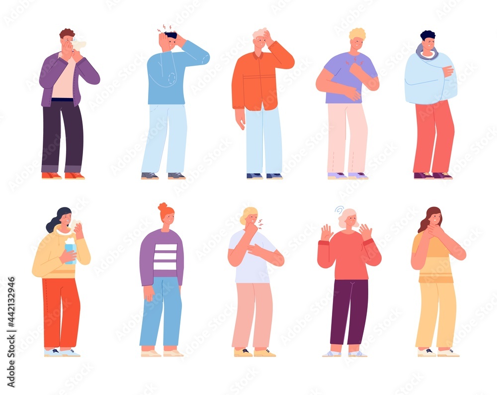 Cold symptoms. Flu sick, influenza disease with fever coughing and vomiting. Cartoon people ill, woman man with seasonal allergy utter vector set Cold symptoms. Flu sick, influenza disease with fever coughing and vomiting. Cartoon people ill, woman man with seasonal allergy utter vector set