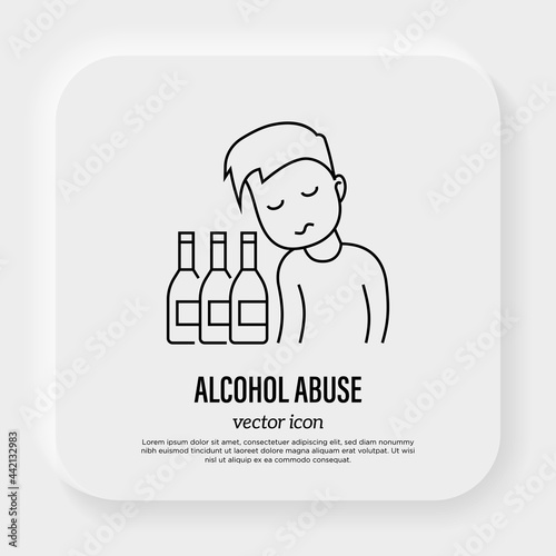 Alcohol abuse: depressed man with bottles. Thin line icon. Alcoholism. Vector illustration.