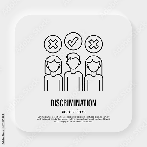 Sex discrimination thin line icon. Two women are rejected and man is approved. Social problem of gender inequality. Vector illustration.