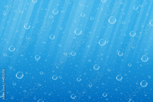 Light rays illuminated bubbles in realistic deep blue water. Shiny bubbly clear underwater liquid vector eps illustration