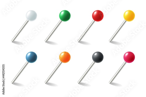 Pins. Realistic colored pointers. 3D thumbtacks set for attaching notes. Plastic round buttons with needles. Pushpins or sewing tools. Map markers template. Vector office stationery
