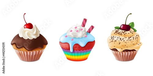 Realistic cupcakes. Homemade sweet dessert with pink and white icing in paper cups. Chocolate caramel and rainbow muffins with cream and cherry berries. Vector confectionery isolated set