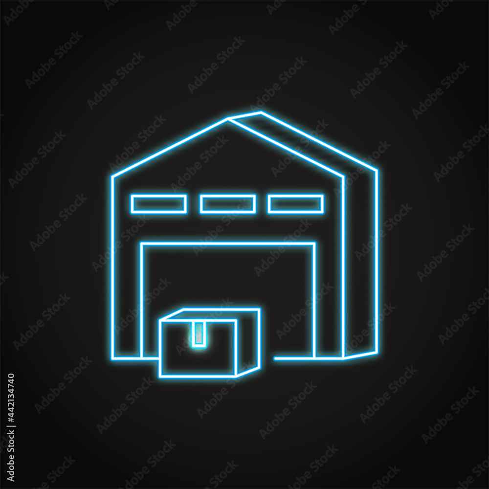 Neon warehouse with box icon in line style Neon warehouse with box icon in line style
