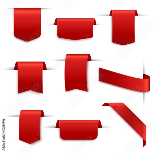 Silk labels red. Discount price tags, sale ribbon blank banners. Empty textile bookmarks, promotion closeout shopping stickers. Satin scarlet event emblems vector realistic isolated set