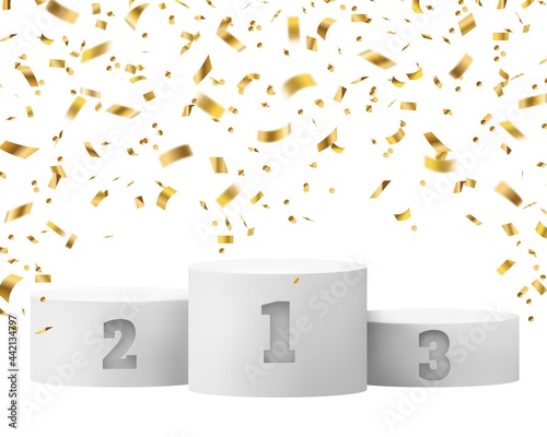 Winner podium with confetti background. Celebrating announcement award pedestal with sparkle effect poster template. White cylinders first second and third place vector realistic illustration
