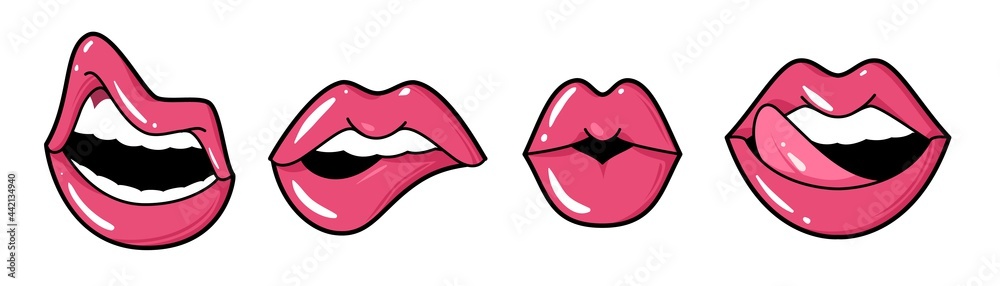 Playful lips. Female mouth tongue and teeth, bright pink lipstick or gloss, beautiful makeup, sexy glamour woman face part expression, decoration collection, vector isolated set Playful lips. Female mouth tongue and teeth, bright pink lipstick or gloss, beautiful makeup, sexy glamour woman face part expression, decoration collection, vector isolated set
