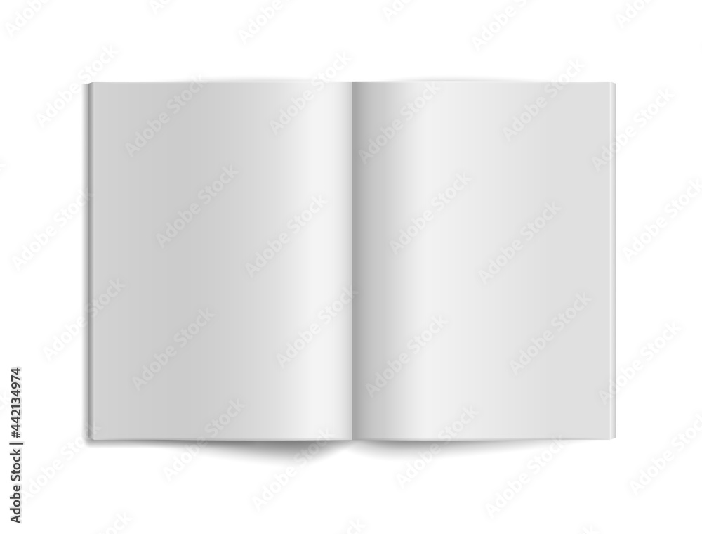 Book empty mockup. Paper sheet. Open magazine journal or fold catalog template, office stationery, 3d realistic isolated object top view. Advertising brochure vector isolated illustration Book empty mockup. Paper sheet. Open magazine journal or fold catalog template, office stationery, 3d realistic isolated object top view. Advertising brochure vector isolated illustration