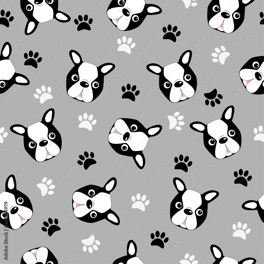 Cute Boston Terrier head seamless pattern. Good for textile print, home decor, wallpaper, and wrapping paper, puppy clothes design.