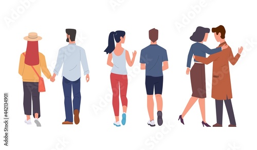 Men and women back view. Couple walking and running together, holding hands, romantic relationships. Young characters in love, husband and wife, boyfriend and girlfriend vector cartoon set