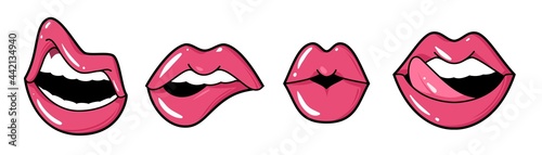 Playful lips. Female mouth tongue and teeth, bright pink lipstick or gloss, beautiful makeup, sexy glamour woman face part expression, decoration collection, vector isolated set