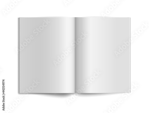 Book empty mockup. Paper sheet. Open magazine journal or fold catalog template, office stationery, 3d realistic isolated object top view. Advertising brochure vector isolated illustration