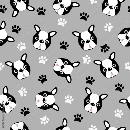 Fototapeta Naklejka Na Ścianę i Meble -  Cute Boston Terrier head seamless pattern. Good for textile print, home decor, wallpaper, and wrapping paper, puppy clothes design.