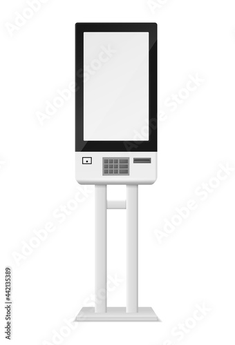 Self-ordering kiosk and ATM. Realistic cash dispenser. 3D banking equipment for financial transactions. Isolated automatic cashbox with blank screen. Vector machine accepts payments