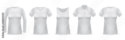 Women white t-shirts. Female clothes mockups realistic collection, different types of blouses long and short sleeves, collar options. Empty textile front view. Vector isolated set
