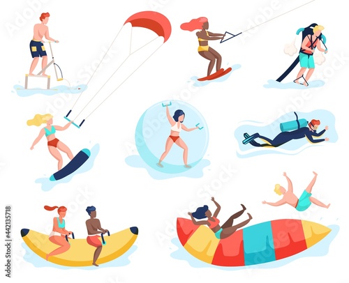 Water activities. People doing beach sports. Men and women having fun on marine attractions. Persons windsurfing and diving. Tourists riding banana or jumping on trampoline, vector set