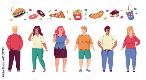 Fat people. Cartoon overweight men or women. Fast food and fatty nutrition leads to obesity. Unhealthy habits. Obese characters eat donuts or hamburgers. Vector adiposity persons set