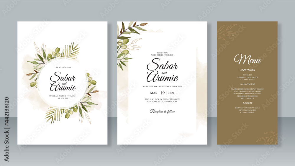 Set of hand painted watercolor wedding invitation card templates