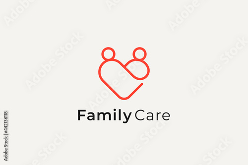 Family Care Logo Line. Simple Infinity Style Heart Icon with Human Symbol Combination isolated on White Background. Flat Vector Logo Design Template Element.