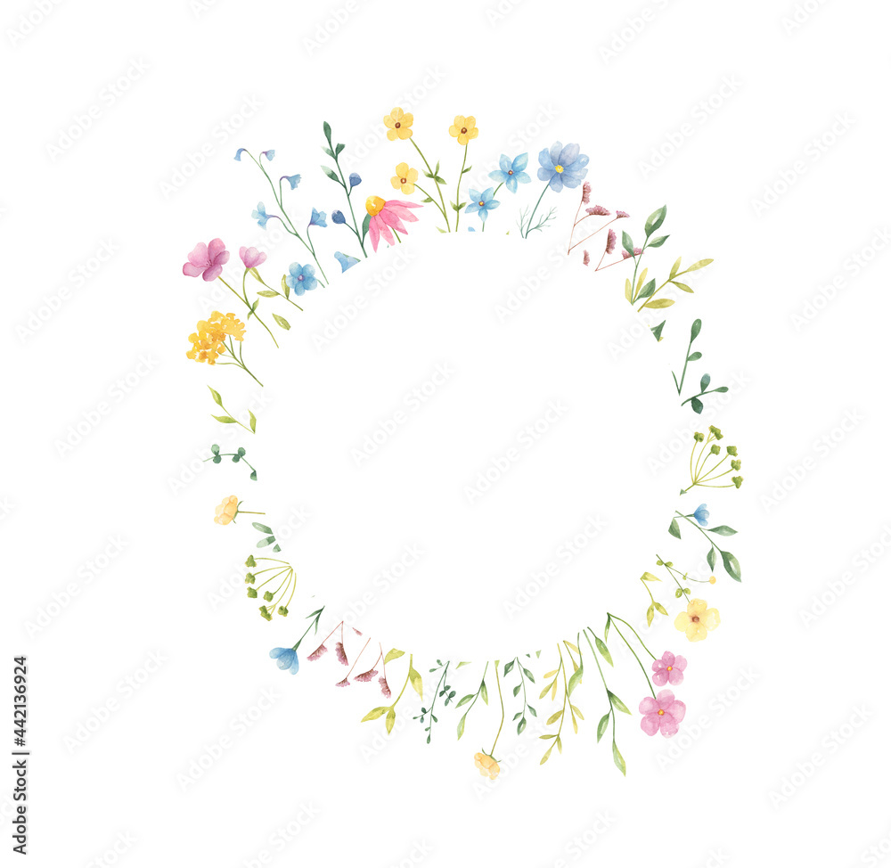 Watercolor floral frame with copy space isolated on white background. Trendy summer cute flowers frame for greeting cards, posters, wedding invitations. 