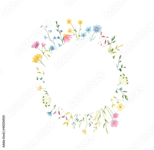 Watercolor floral frame with copy space isolated on white background. Trendy summer cute flowers frame for greeting cards, posters, wedding invitations. 