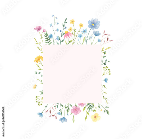 Watercolor floral frame with copy space isolated on white background. Trendy summer cute flowers frame for greeting cards, posters, wedding invitations. 
