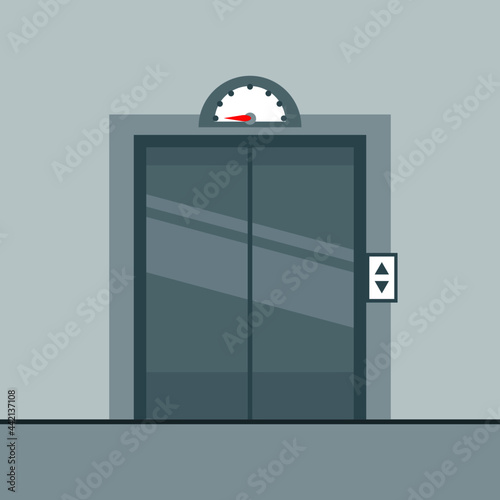 Grey elevator (lift) closed door empty people flat vector.