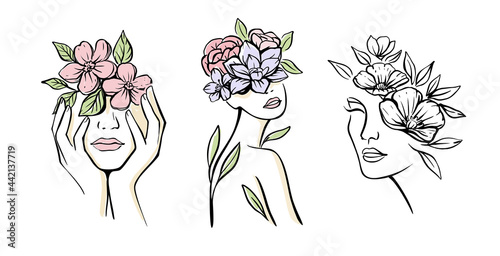 Woman face with flowers vector. Portrait style. 
